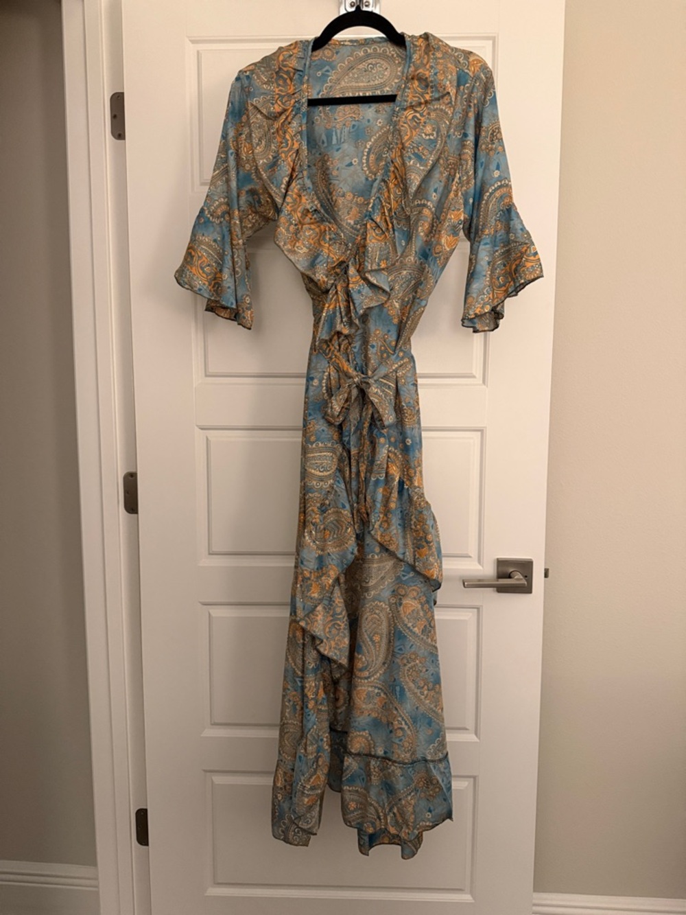 Source Unknown Blue and Gold Paisley Maxi Wrap Dress